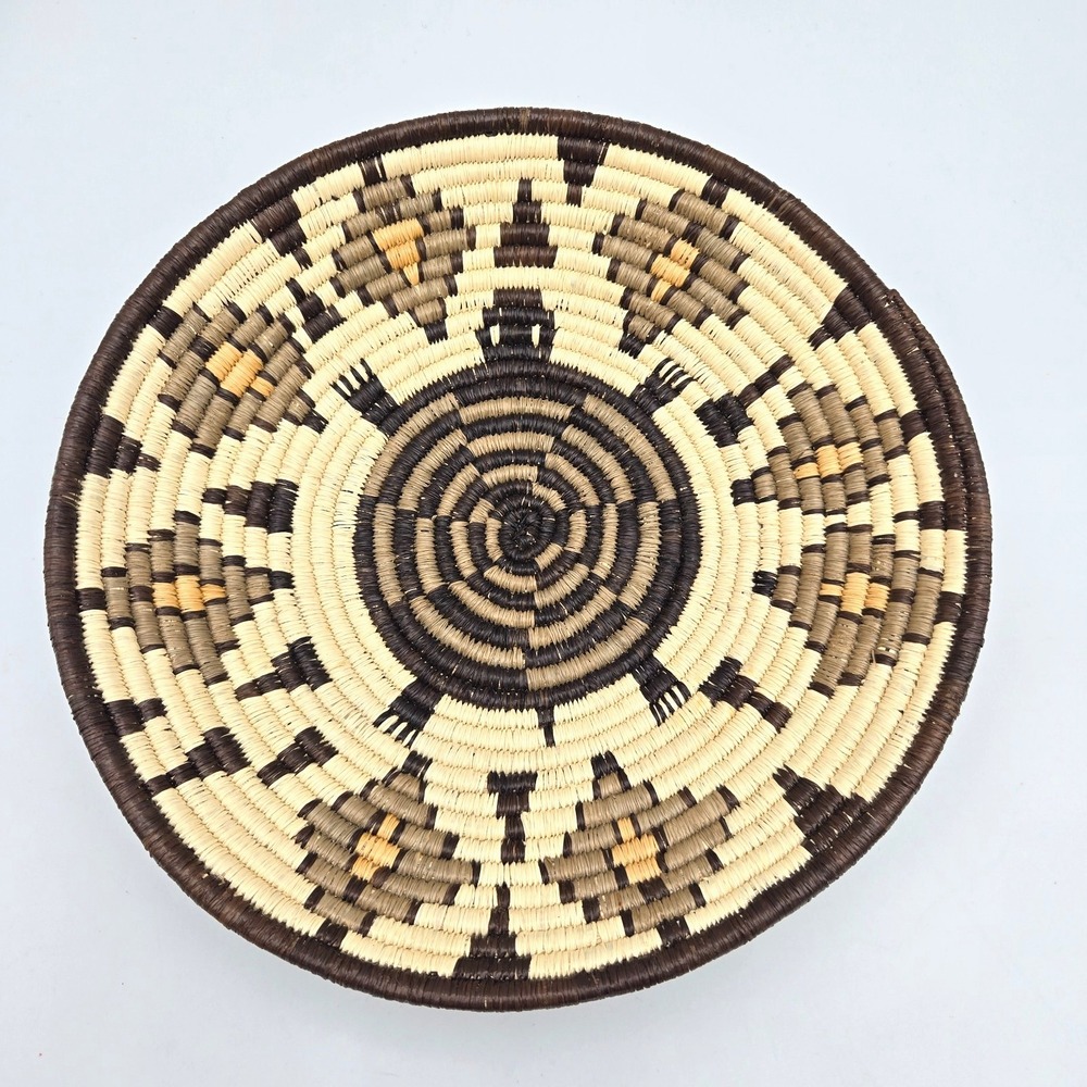 Handwoven Coiled Basket Bowl Geometric Turtle Brown‎ Cream Southwest Style 9.75"